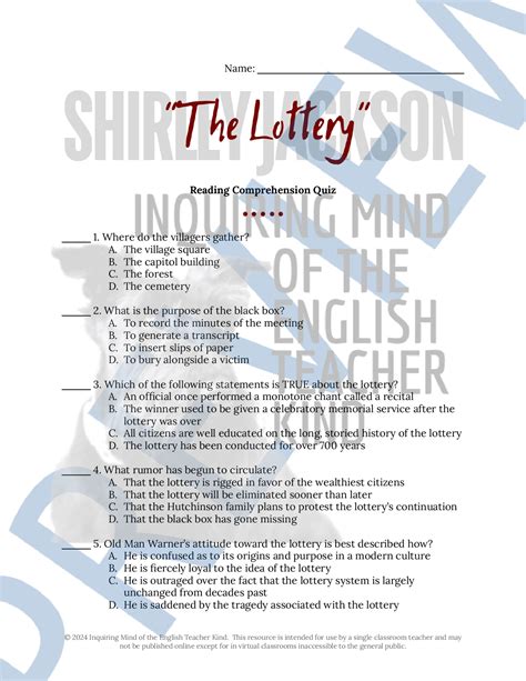 The Lottery Shirley Jackson Quiz: Questions With Answers.